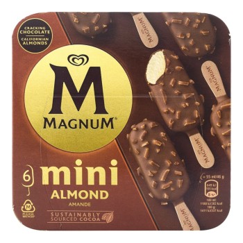 Helado con vainilla de Madagascar y chocolate con leche y almendras Magnum Mini caja 6 ud