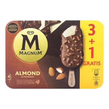 Helado con vainilla de Madagascar y chocolate con leche y almendras Magnum Almendrado 3 ud + 1 ud gratis