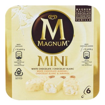 Helado con vainilla y chocolate blanco Magnum Mini Chocolate Blanco + Blanco Almendrado caja 6 ud