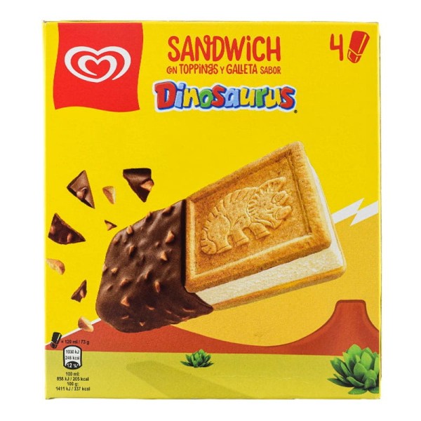 Comprar Sandwich de helado con toppings y galleta sabor Dinosaurus caja 4 ud 480 ml