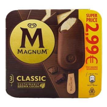 Helado de vainilla con chocolate con leche sin gluten Magnum Classic caja 3 ud 300 ml